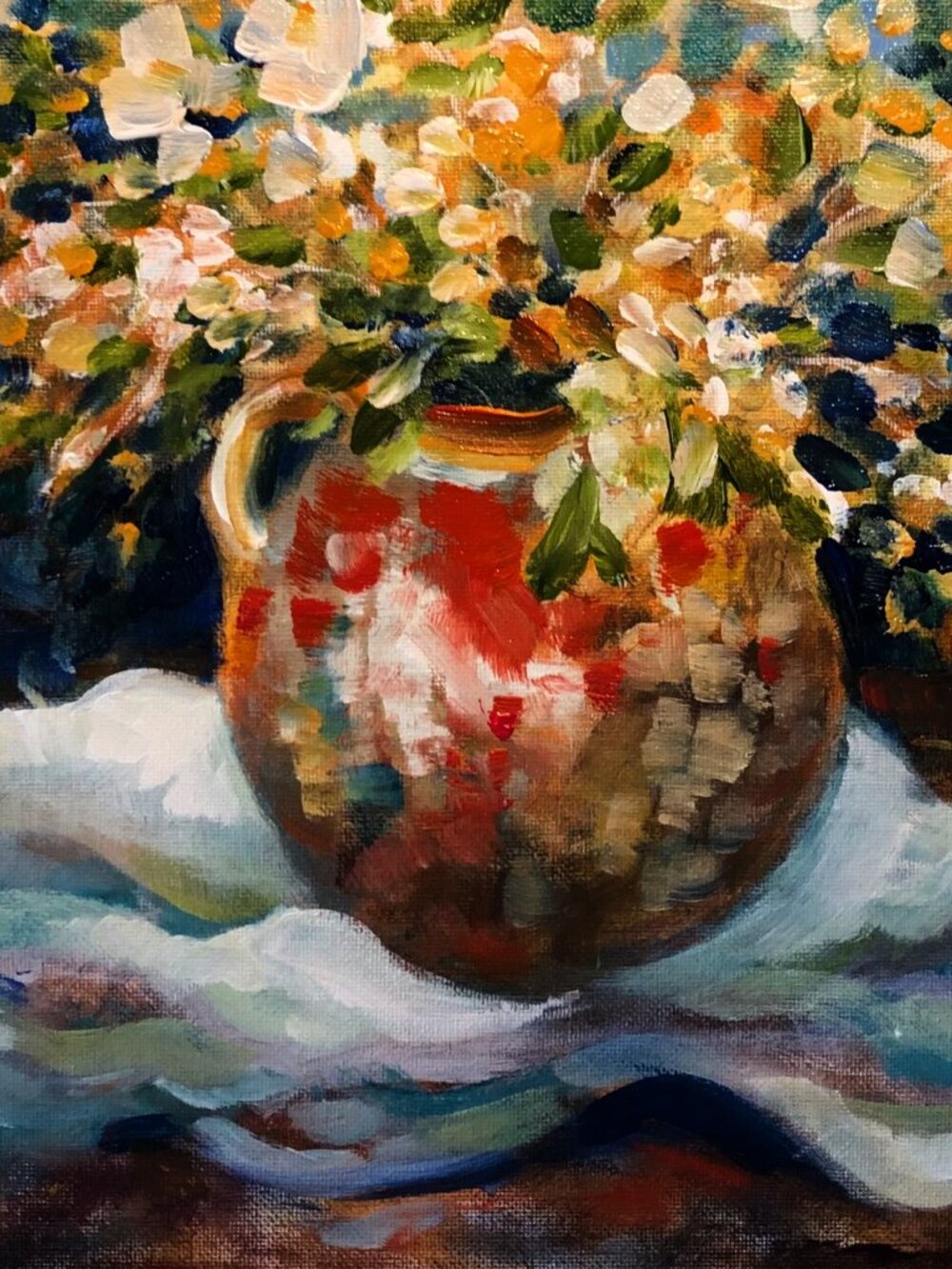 Original Impressionistic Painting, Acrylic 9 x 16 on board, "Flowers and Linen"
